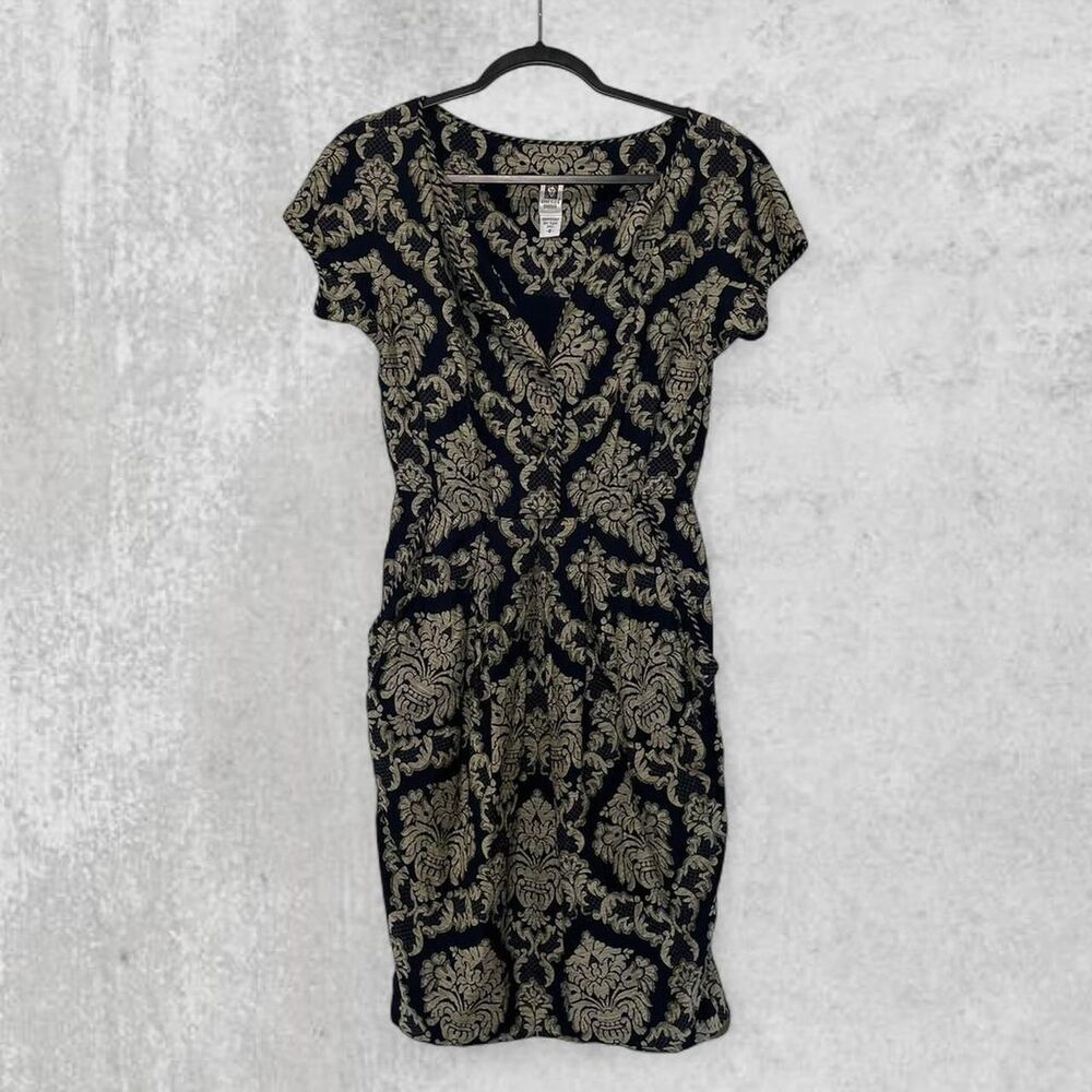 Vintage 90s Anne Klein Damask Cocktail Dress Linen Blend Size 8 Made in USA